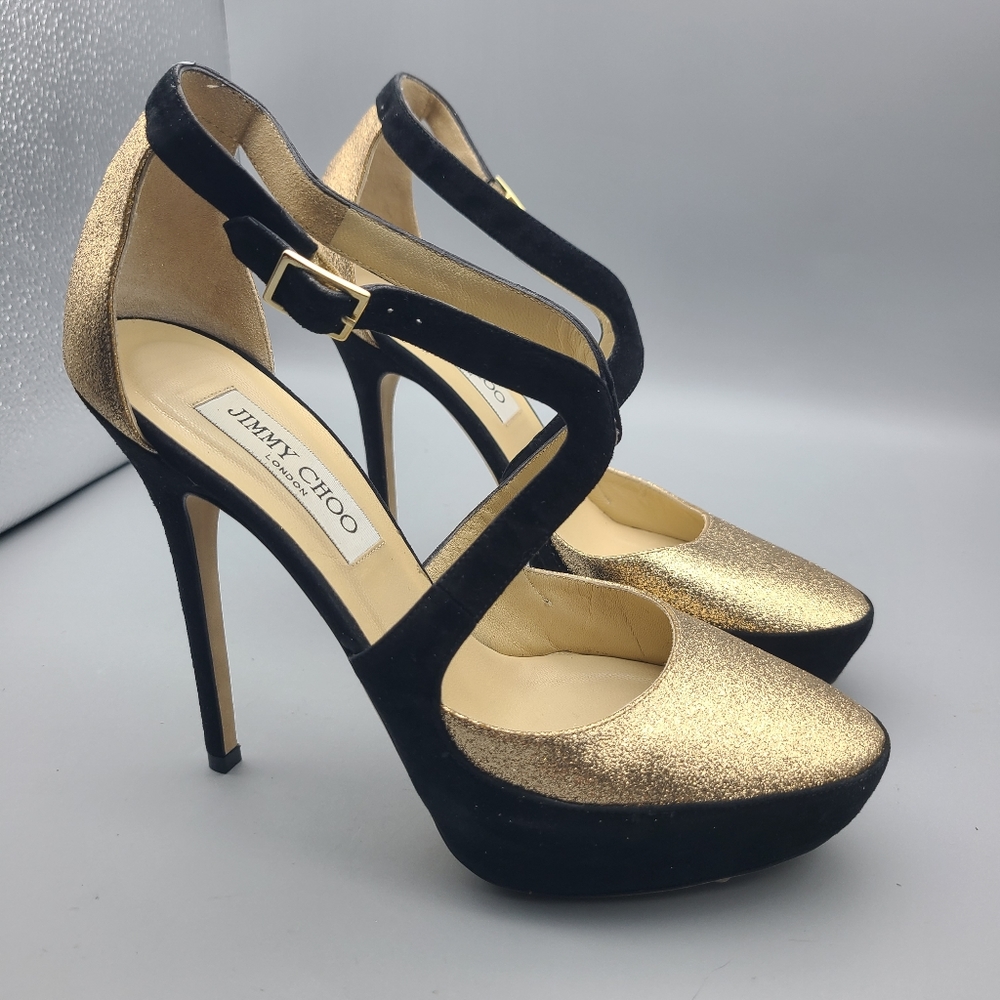 Jimmy Choo black suede glitter  pumps heel shoes sz 8.5 - Picture 4 of 11